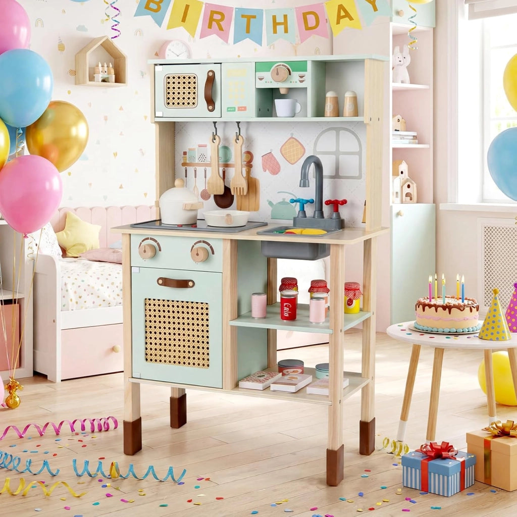 Cucina Giocattolo Bifacciale per Bambini, Cucina Educativa in Legno con Porte in Rattan, Lavagna sul Retro, Luci e Suoni, Accessori Completi, Gioco di Imitazione 3+ Anni, 60 x 29 x 95 cm