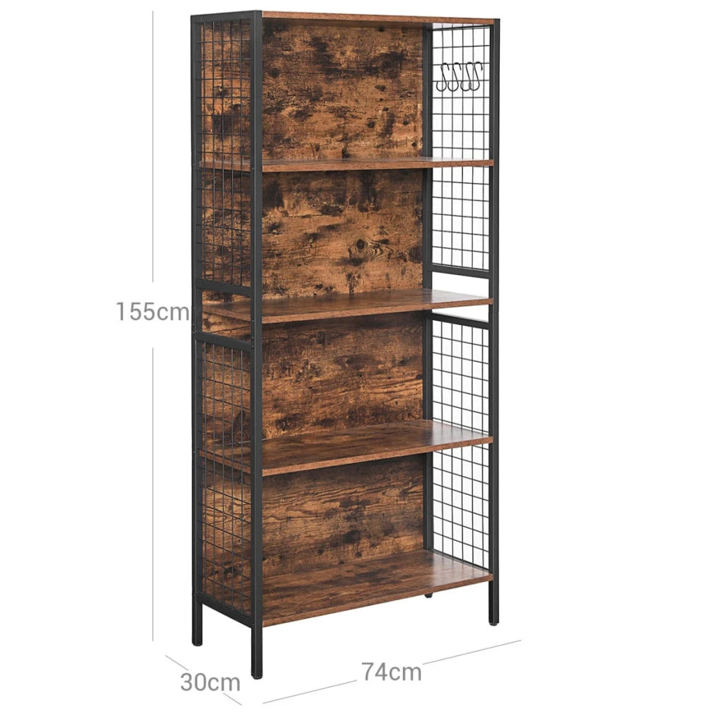 Libreria a 4 ripiani per libri e oggetti decorativi robusta struttura in acciaio con ganci a S marrone rustico e nero per soggiorno e camera da letto 12_0004247