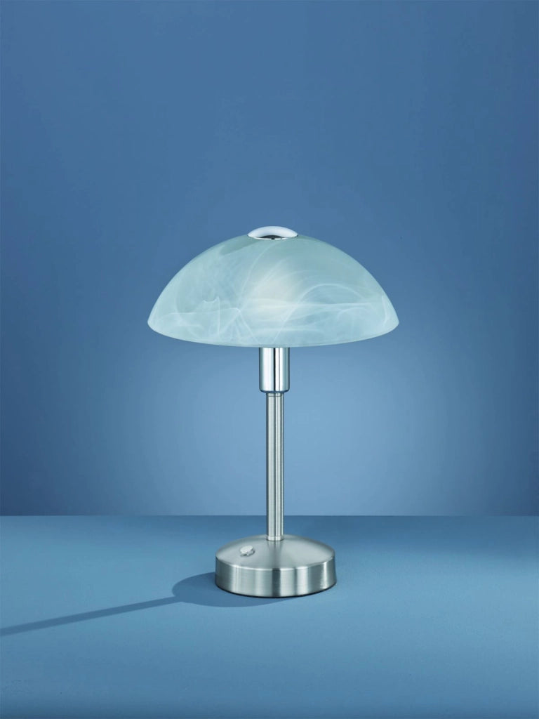 DONNA LAMPADA DA TAVOLO LED 4,5W · 1x 450lm, 3000K CON VETRO ALABASTRO E MONTATURA ACCIAIO SATINATO CON TOUCH DIMMER 4 INTENSITA' H. 30CM, D.22,5CM