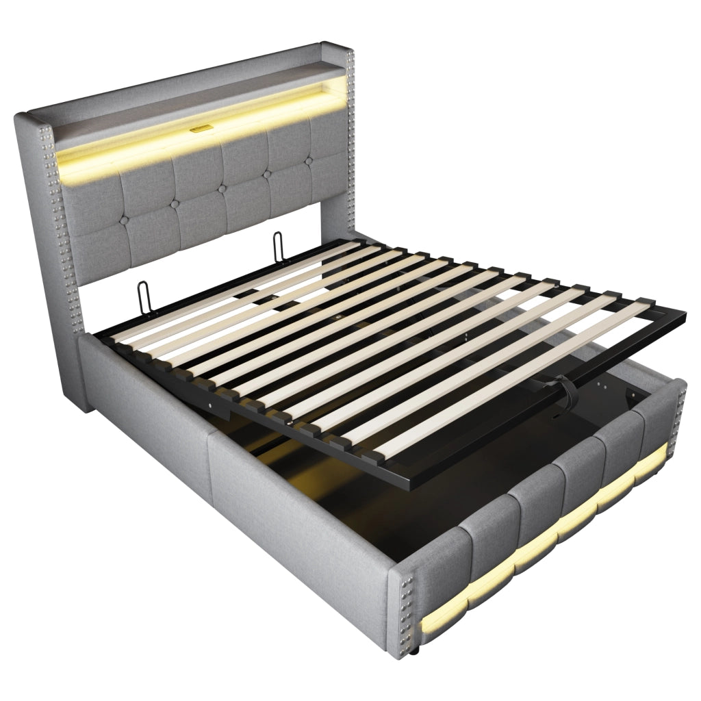 Letto imbottito 140 × 200 cm 2 posti con LED, USB, ripiani e vano contenitore, senza materasso, grigio chiaro