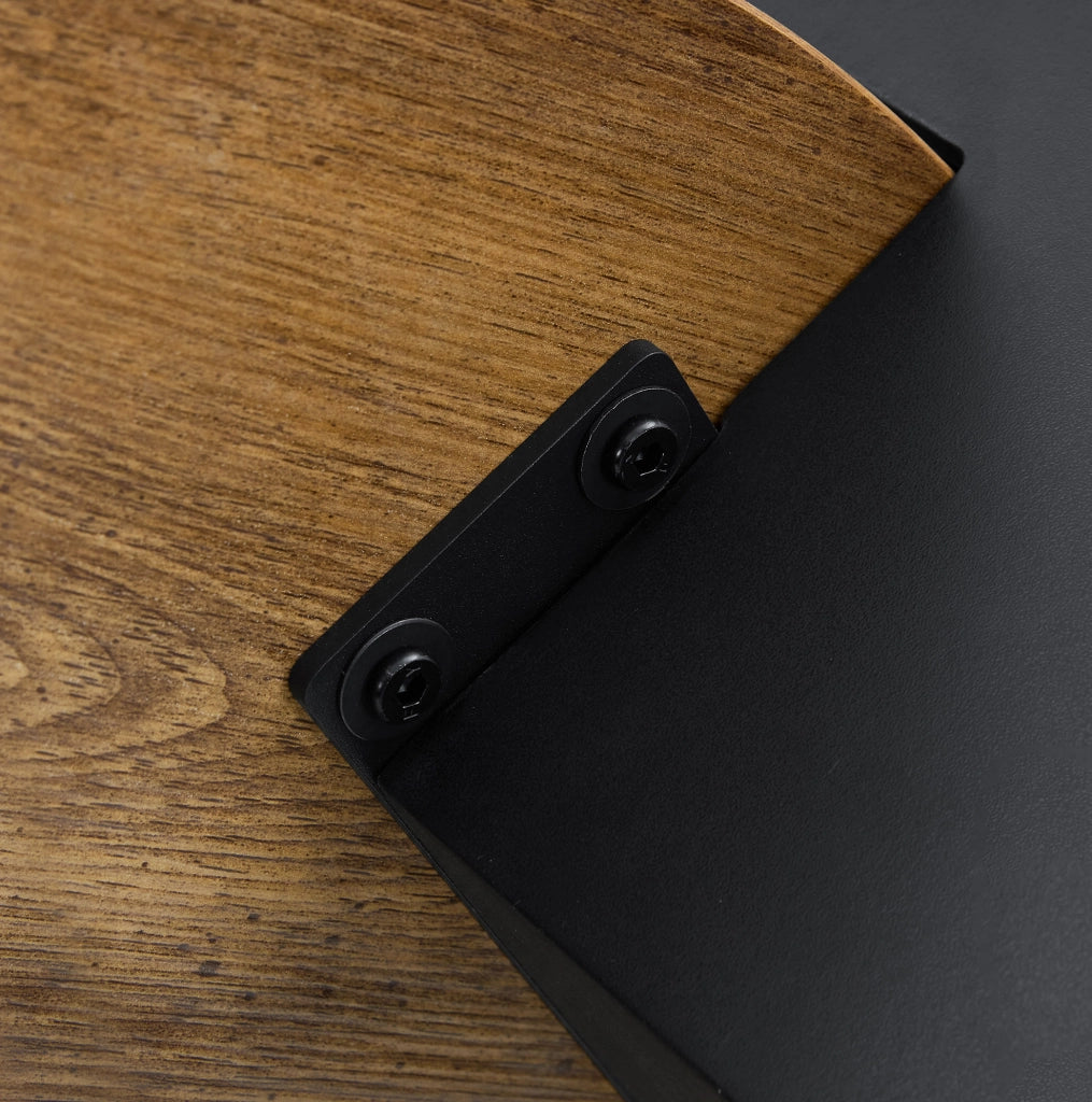 Set di tavolini rotondi a 2 livelli in MDF e vetro, nero e effetto legno