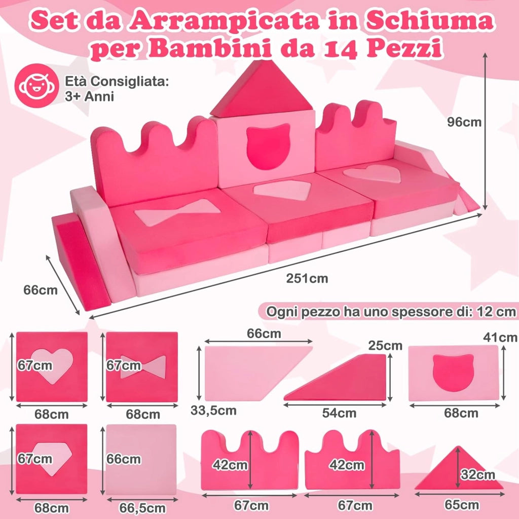 Divano da Gioco per Bambini 14 Pezzi, Divanetto Morbido con Coperture Rimovibili, Blocchi Modulari in Schiuma per Arrampicata, Poltrona per Camera da Letto e Stanza Giochi per Bambini 3+ Anni