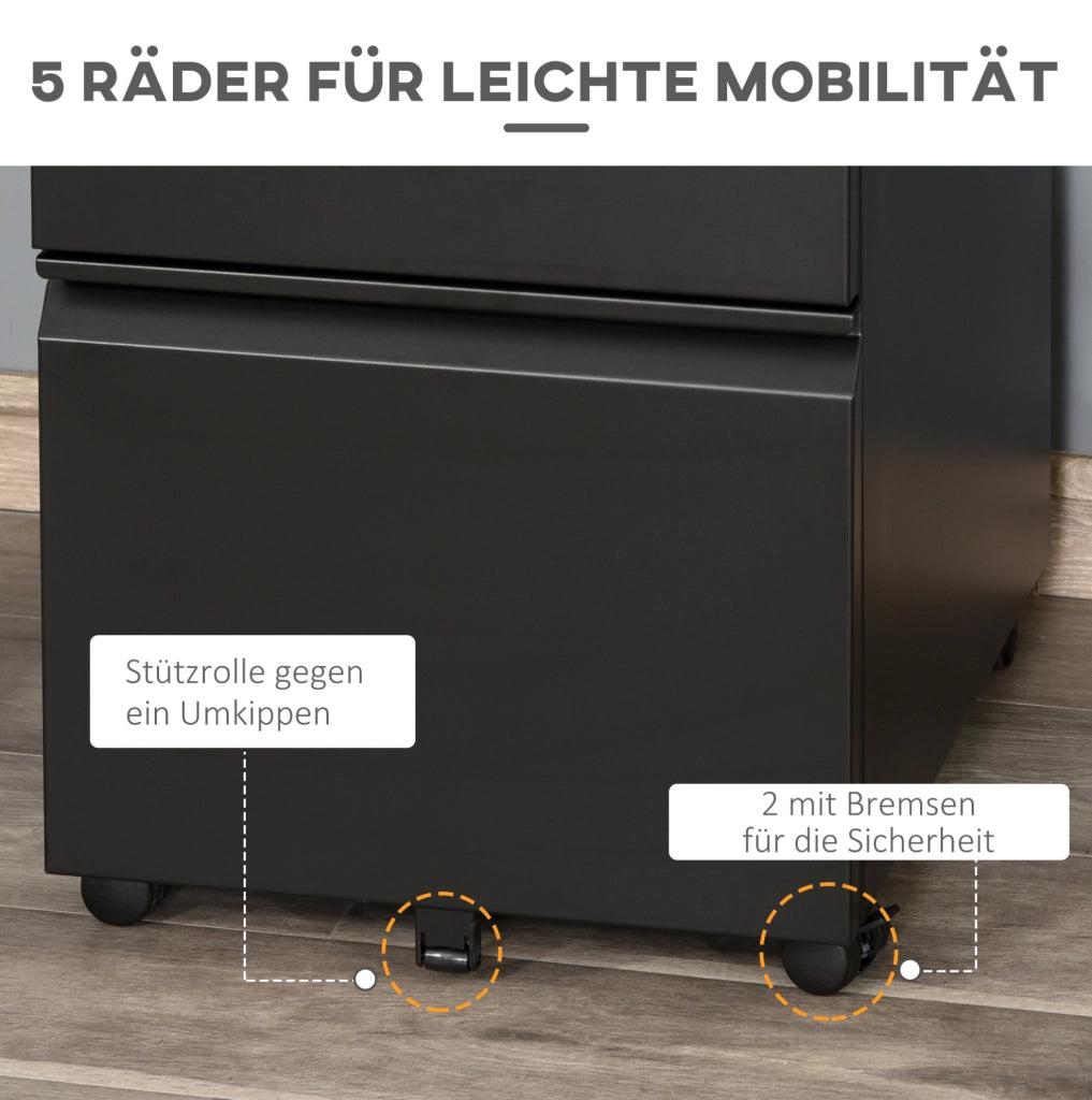 Cassettiera mobile in acciaio con 3 cassetti e serratura, nera