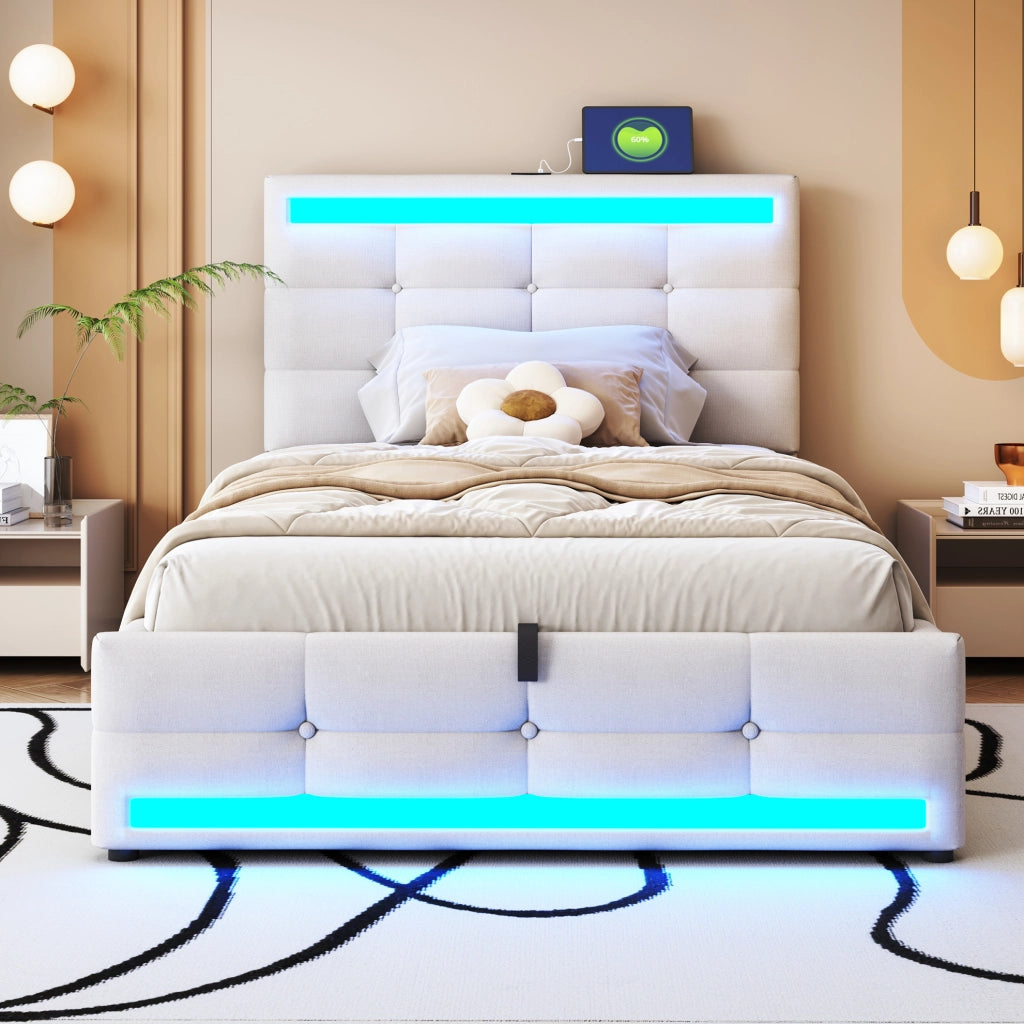 Letto imbottito 90x200 cm beige con LED RGB; USB e testiera regolabile