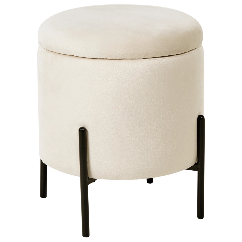 Pouf contenitore con seduta in tessuto velluto e base in legno poggiapiedi rotondo tavolino occasionale beige chiaro