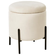 Pouf contenitore con seduta in tessuto velluto e base in legno poggiapiedi rotondo tavolino occasionale beige chiaro