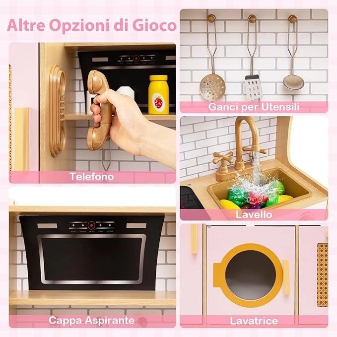Cucina Giocattolo per Bambini, Cucina Legno per Bambini con Luci, Suoni, Frigorifero, Distributore d'Acqua, Lavatrice, Accessori Ricchi e Ante in Rattan, per 3 Anni+ (Rosa)
