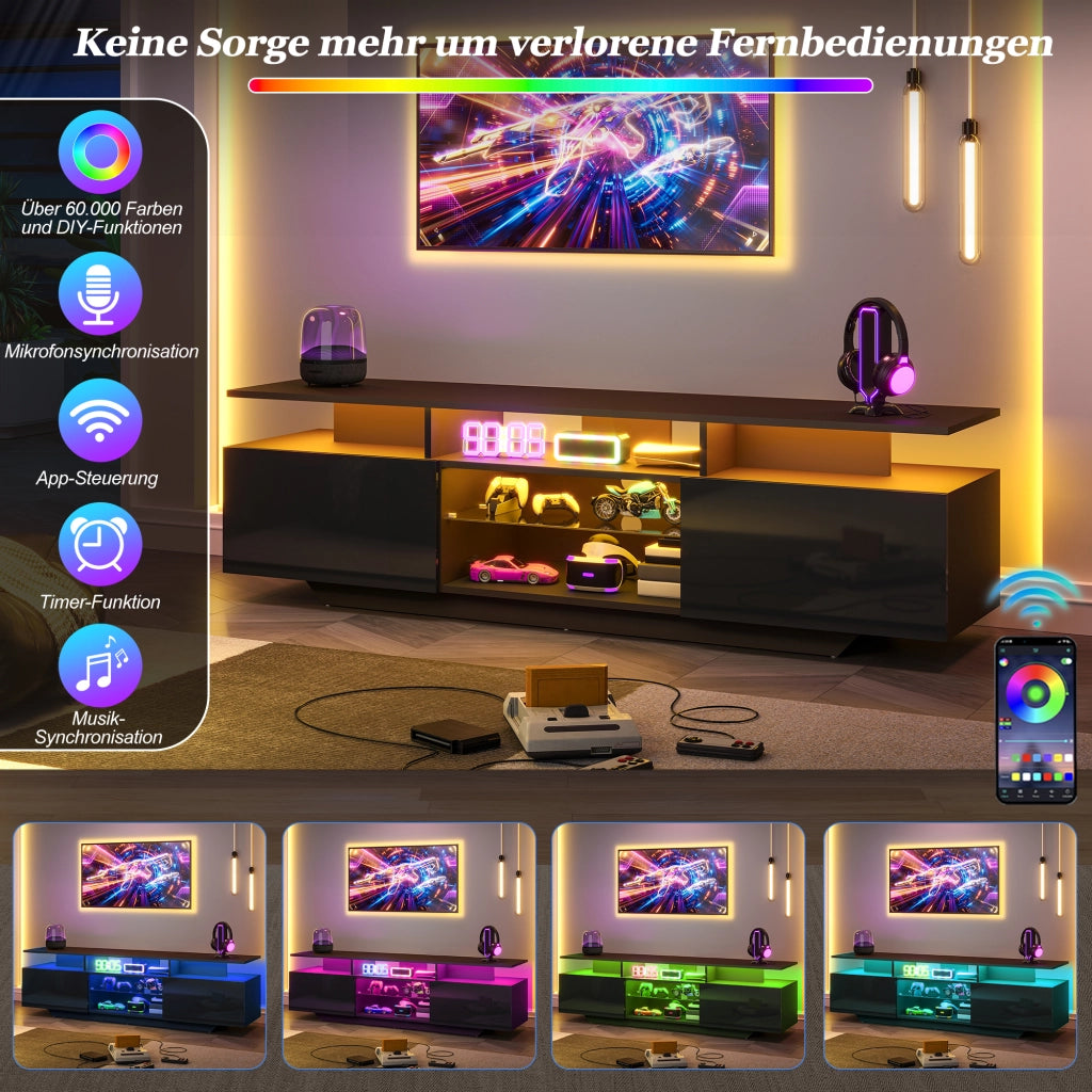 Mobile porta TV con LED e 2 ante, 8 vani contenitore e ripiani in vetro, per soggiorno, in MDF, nero, 160 × 40 × 45 cm