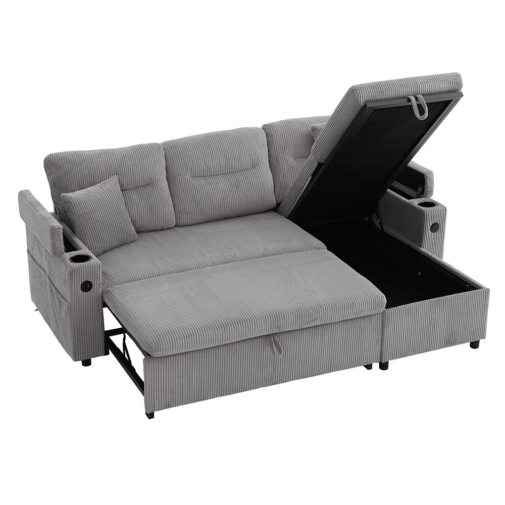 Divano moderno 3 posti - Xylo - Velluto costolato, spazio di archiviazione, porta bevande, USB-C, chaise longue idraulica, letto a cassetto