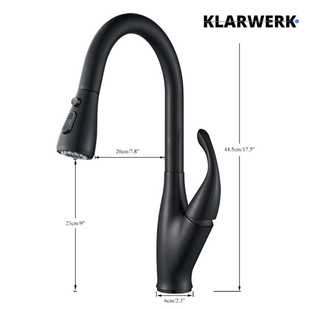 NAVIS | Elegante rubinetto cucina estraibile in acciaio inox nero, arco alto, miscelatore di lusso, alta pressione, 360°, 2 attacchi