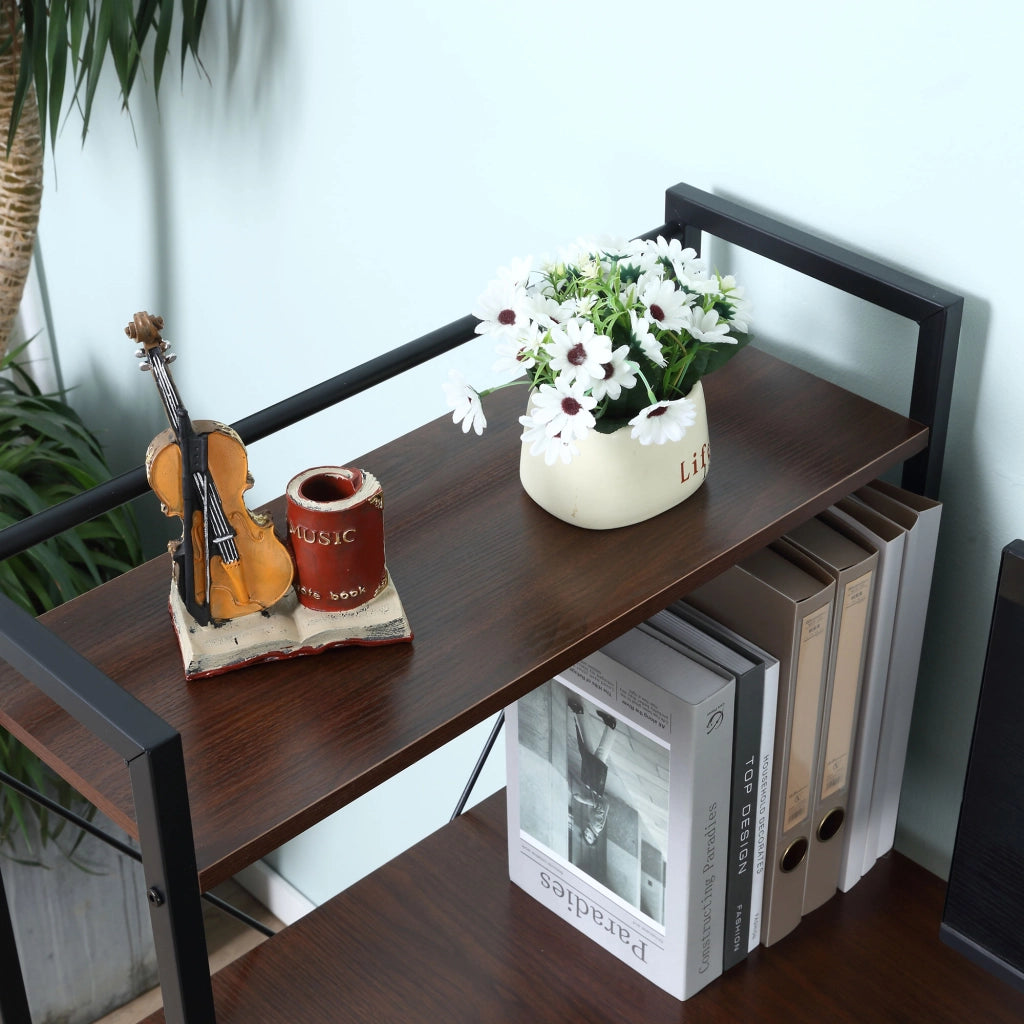 Scrivania angolare con libreria ¨C Zephmum ¨C Legno noce e metallo nero 90x50x75 cm