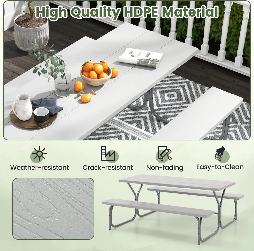 Set Tavolo da Picnic con Panche per 8 Persone, Tavolo da Campeggio con Foro per Ombrellone, Telaio in Metallo, Tavolino da Picnic Rettangolare con Sedute per Patio (Grigio)