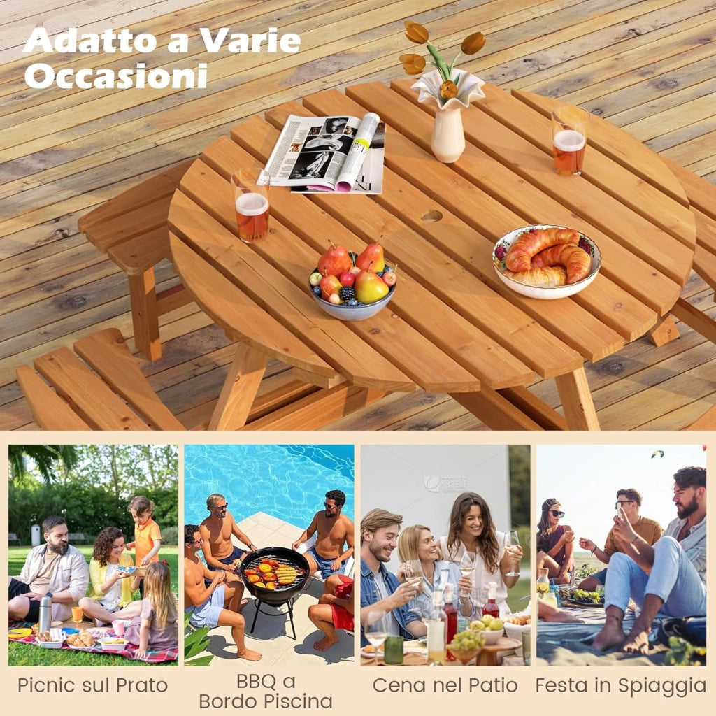 Set Tavolo da Giardino con 4 Panche Integrate, Legno Massiccio, con Foro Ombrellone, per 4-8 Persone, Tavolo Rotondo da Picnic per Esterno, Ogni Panca Porta 250 kg (Giallo, 179 x 179 x 70 cm)