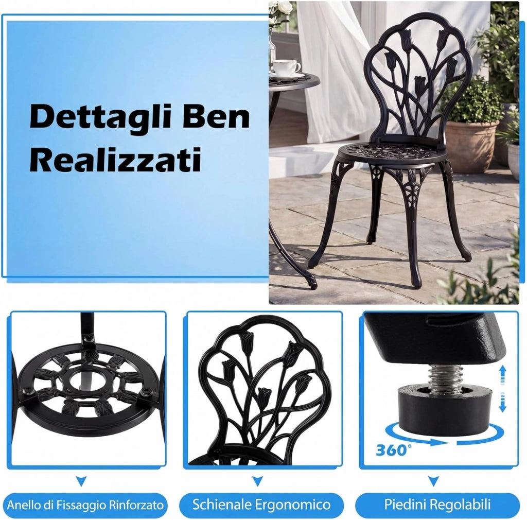 Set Tavolino e Sedie in Alluminio 3 Pezzi, Set Bistro da Esterno con Foro per Ombrellone, Mobili da Giardino per Cortile Patio Terrazza (Modello 2)