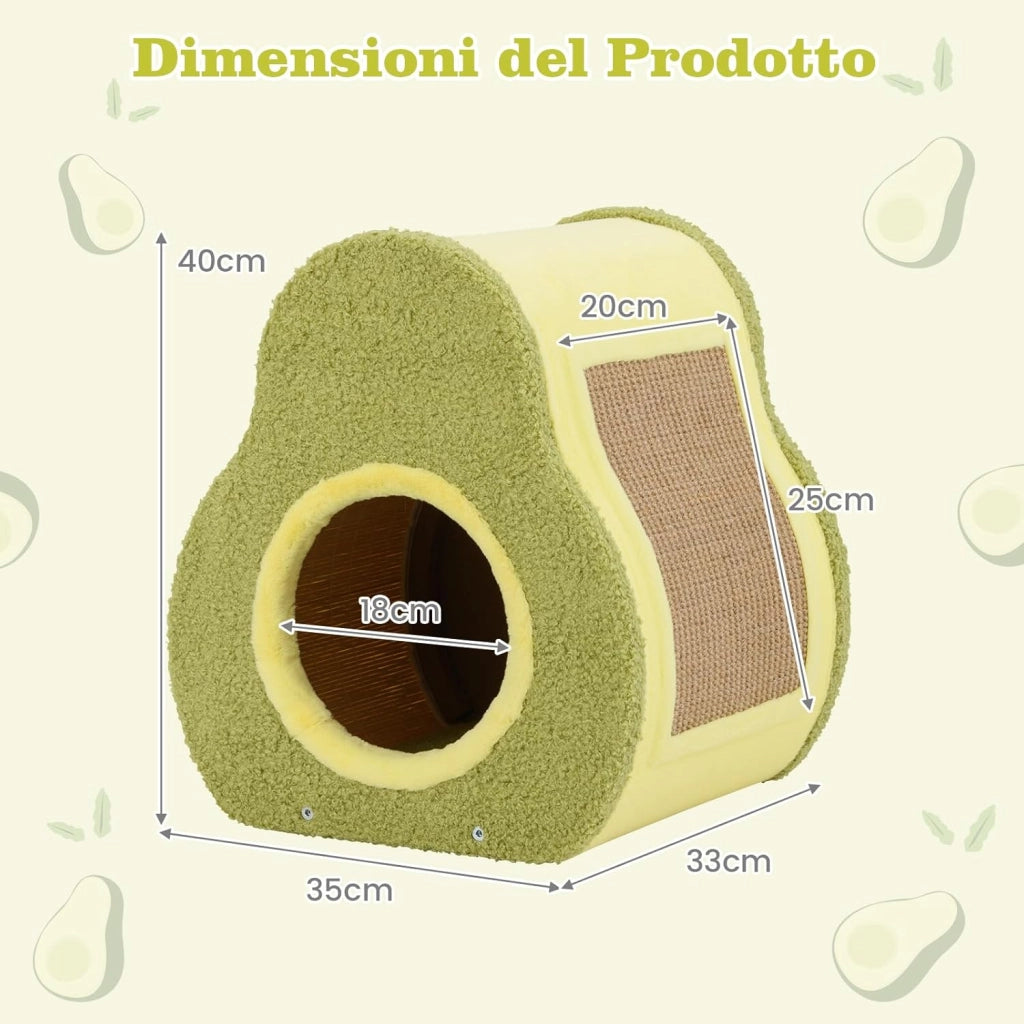 Cuccia per Gatti da Interno Forma di Avocado, Casetta per Gatti Morbida con Tessuto Delicato e Parete di Bambù, Nido per Gatti con Tavola di Juta all’Esterno, 35 x 33 x 40 cm