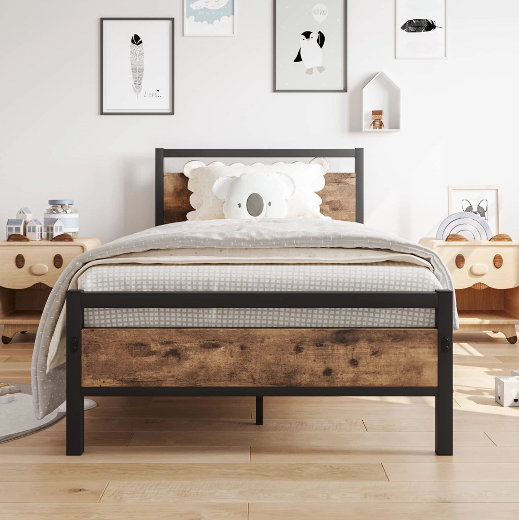 LETTO Singolo 90x200 cm in MDF e metallo con rete a doghe e vano sottoletto marrone