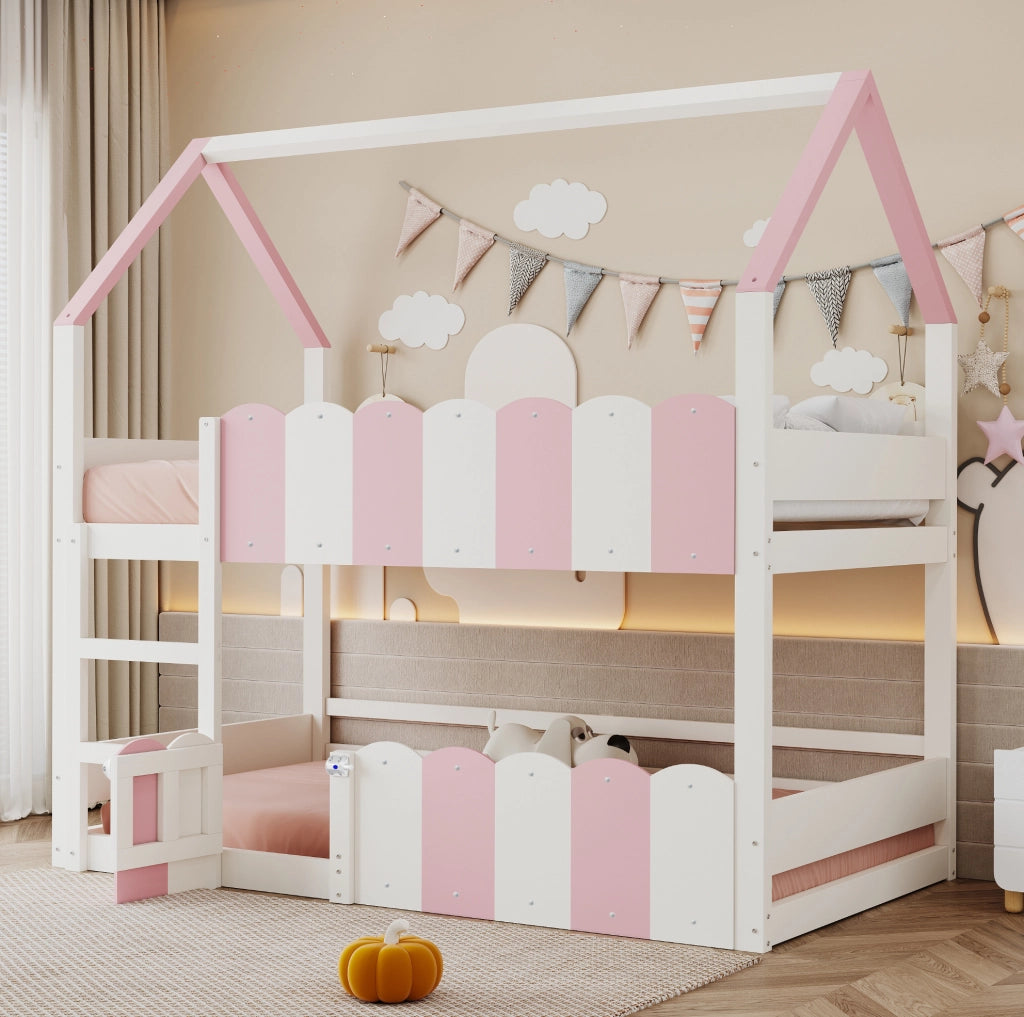 Letto a castello a casetta 90x200 cm bianco e rosa
