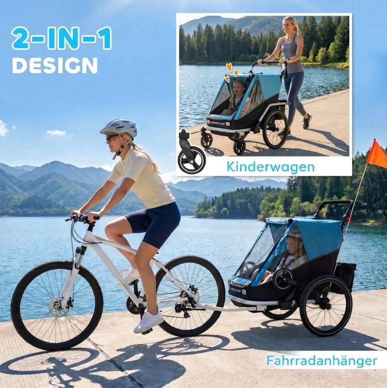 Rimorchio bici per bambini 2 posti 2 in 1 pieghevole blu