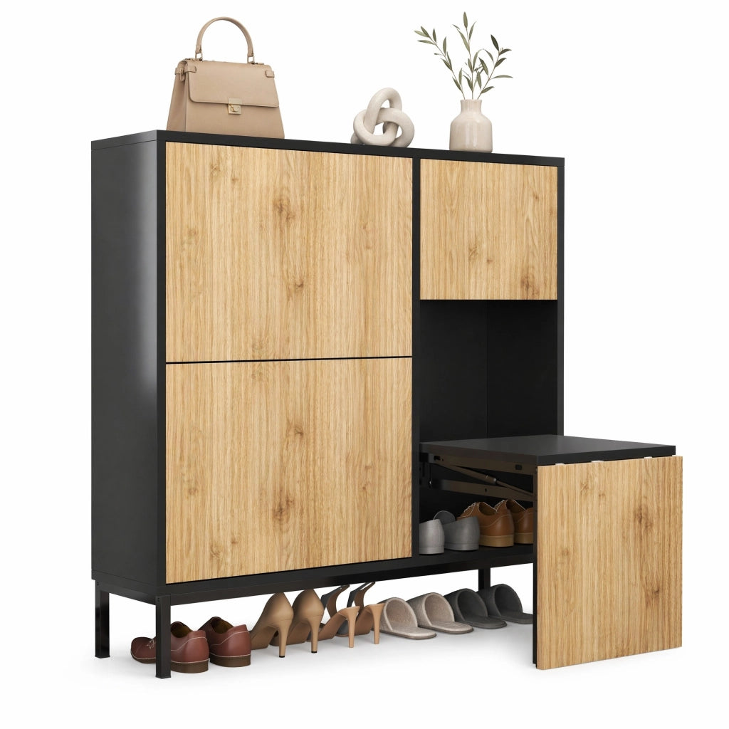 Mobile portascarpe con panca estraibile 100x100x25 cm in MDF nero e naturale