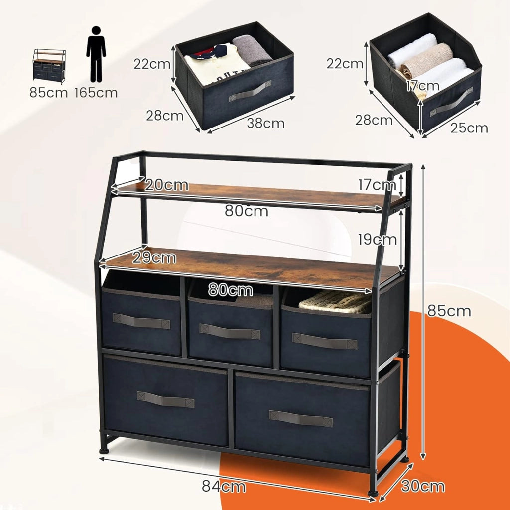 Cassettiera con 5 Cassetti in Tessuto, Mobiletto Multiuso con Ripiano Superiore Aggiuntivo e Cassetti Pieghevoli Medi e Grandi, Comò per Camera da Letto Soggiorno Ingresso, Stile Industriale