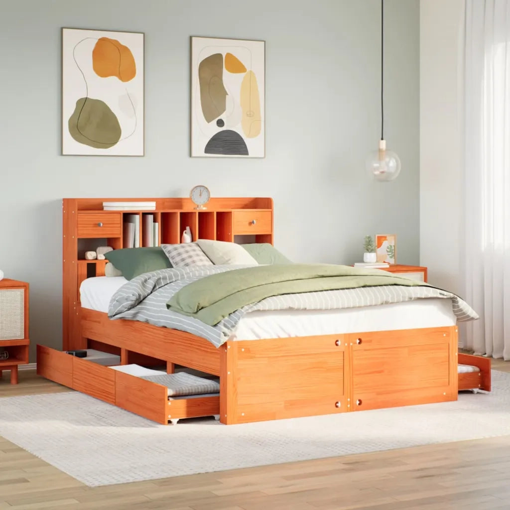 Letto Libreria senza Materasso Marrone Cera 140x200 cm in Pino