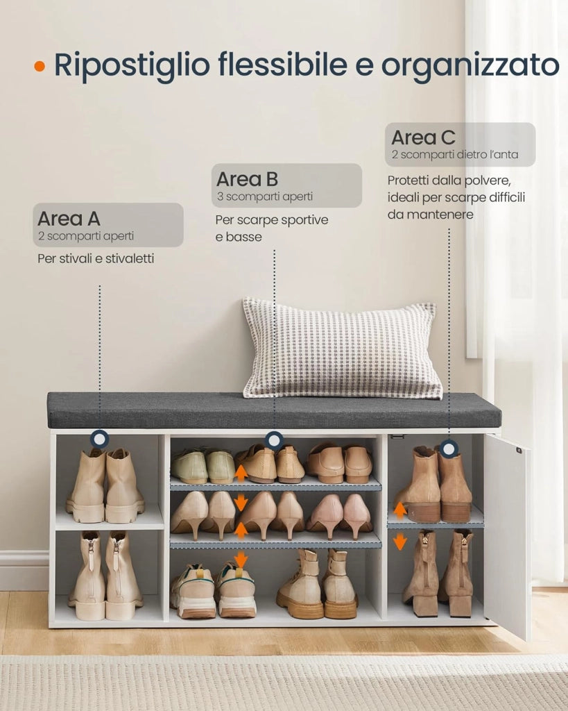 SONGMICS HOME Panca Scarpiera, Montaggio Rapido Senza Attrezzi Toolless, Panchina con Scomparti Aperti, Ripiani Regolabili, Portascarpe, Bianco Neve e Grigio Ardesia LHS391WE01