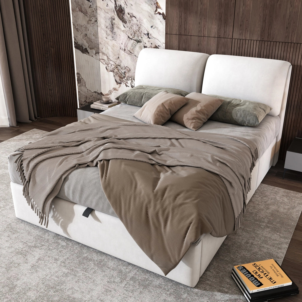 Letto imbottito 140x190 cm in velluto beige con contenitore; 3 cassetti e testiera regolabile