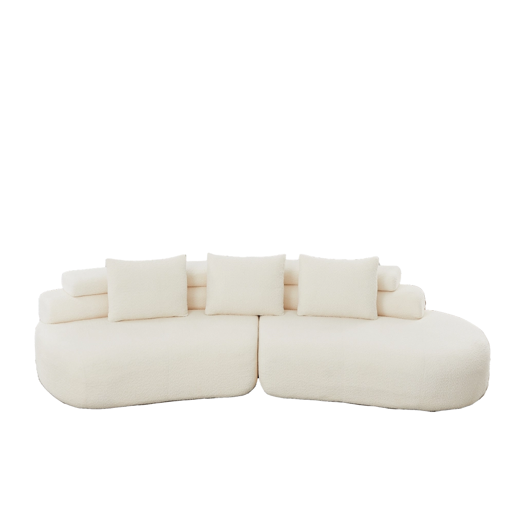 Divano modulare curvo 2 pezzi in ciniglia beige con 3 cuscini schienale