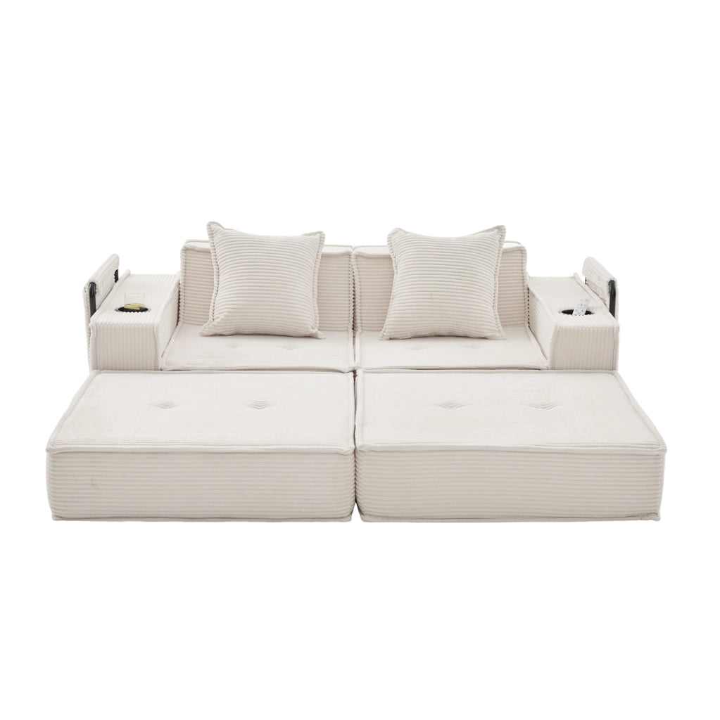 Divano 2 posti ULEVR 162x78x66 cm modulare con 2 cuscini e tasche laterali, tessuto a coste beige