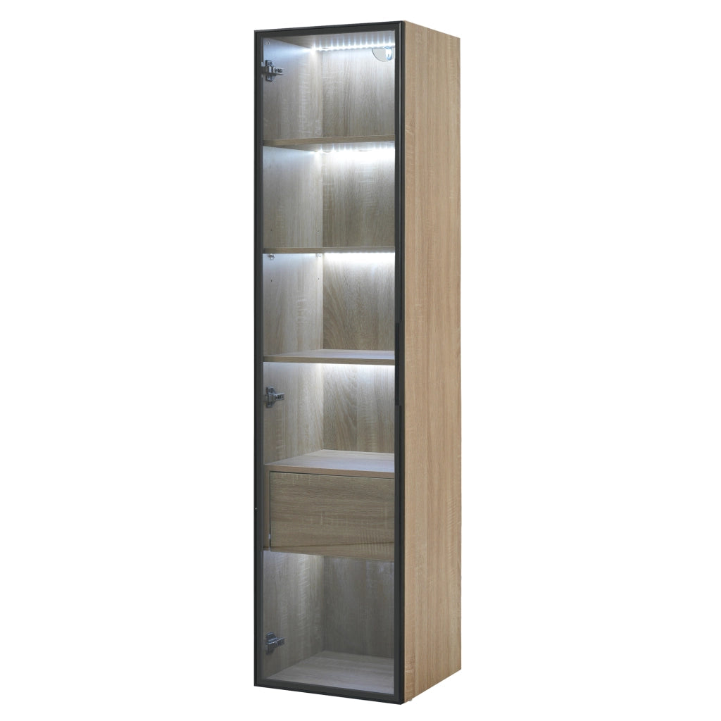 ARMADIO DA BAGNO con 1 cassetto e 1 anta in vetro temperato, MDF naturale