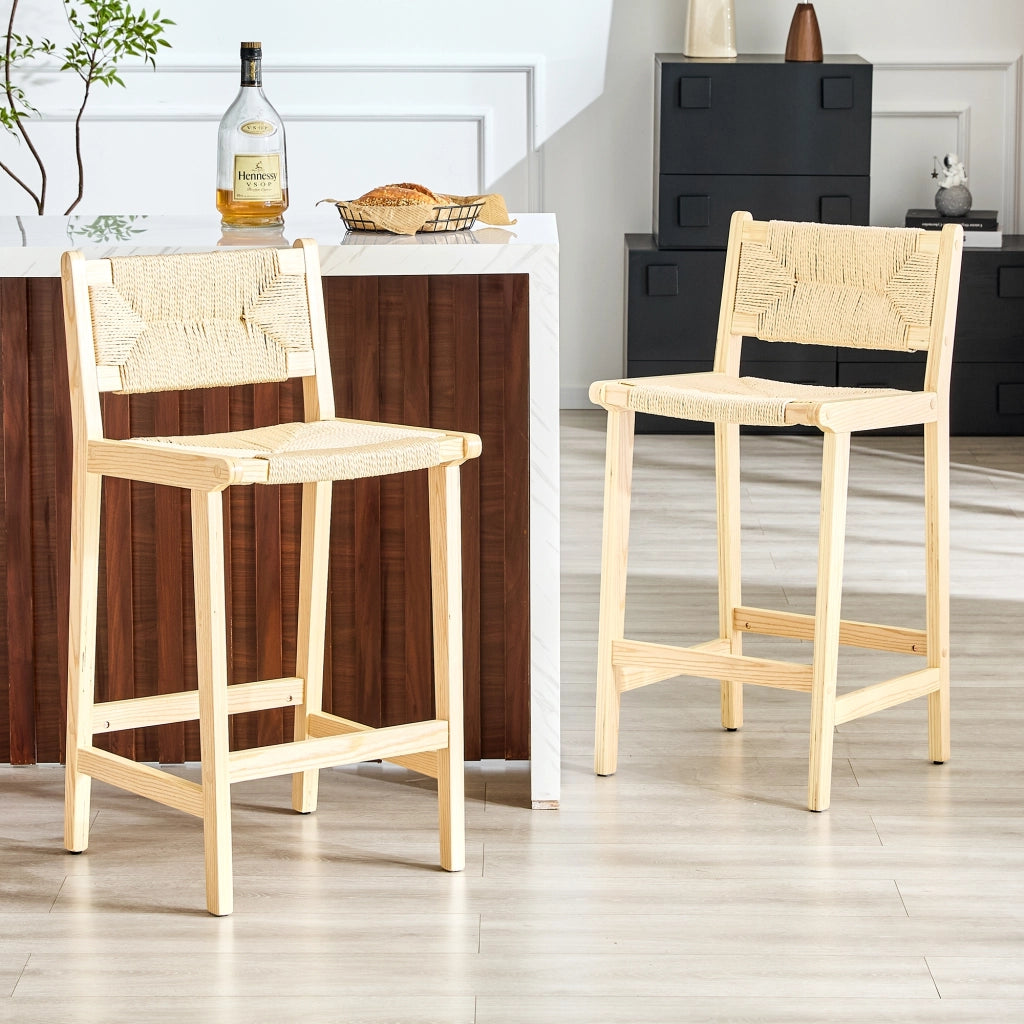 Sgabello da bar con schienale intrecciato seduta traspirante per isola cucina in legno massello colore legno