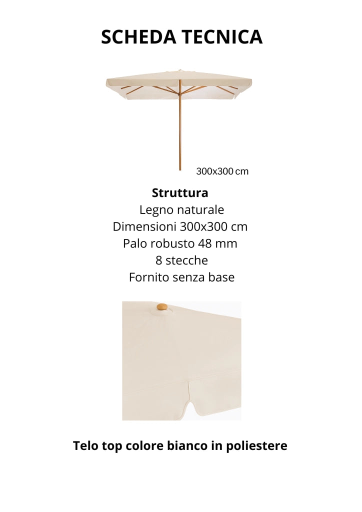 OMBRELLONE QUADRO IN LEGNO MT.3X3 PALO MM 48 PER ARREDO GIARDINO E BORDO PISCINA