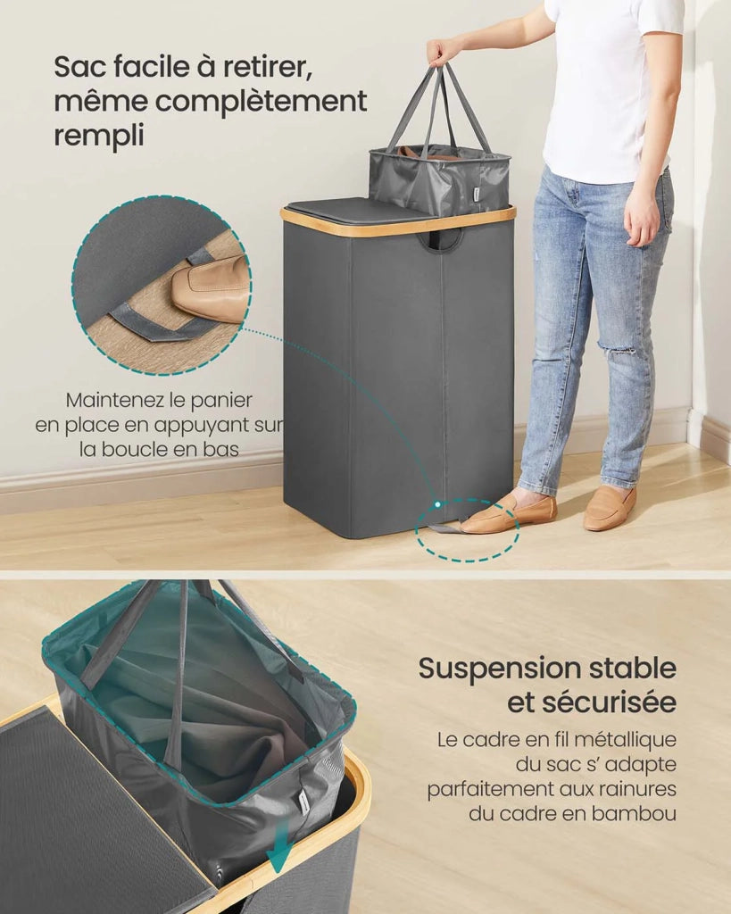 Cesto portabiancheria a 2 scomparti 150 litri contenitore per biancheria sporca con coperchio e sacchetti rimovibili per lavanderia camera da letto soggiorno grigio 12_0006663