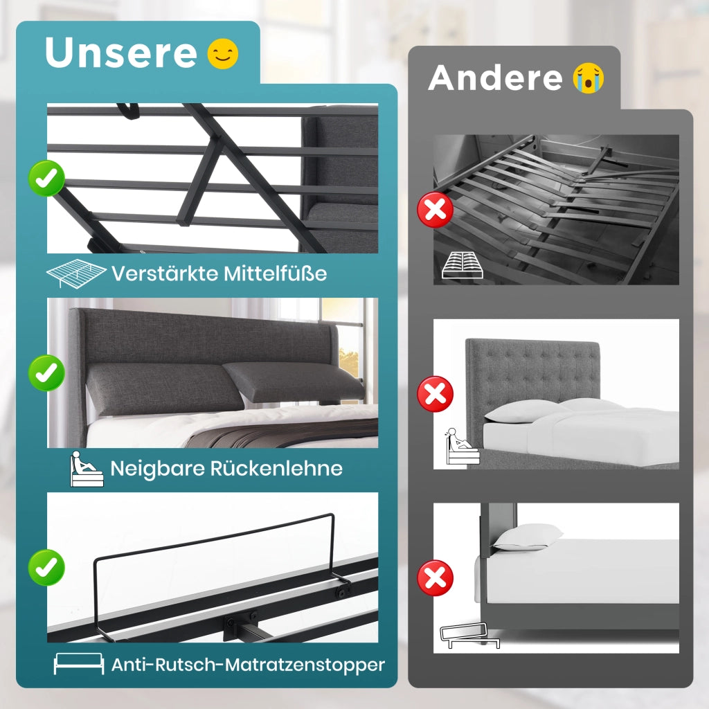 OKWISH Letto Contenitore 140×200 cm, Letto Matrimoniale con Testiera Regolabile, Vano Contenitore e Rete in Metallo, senza Materasso, Lino, Grigio