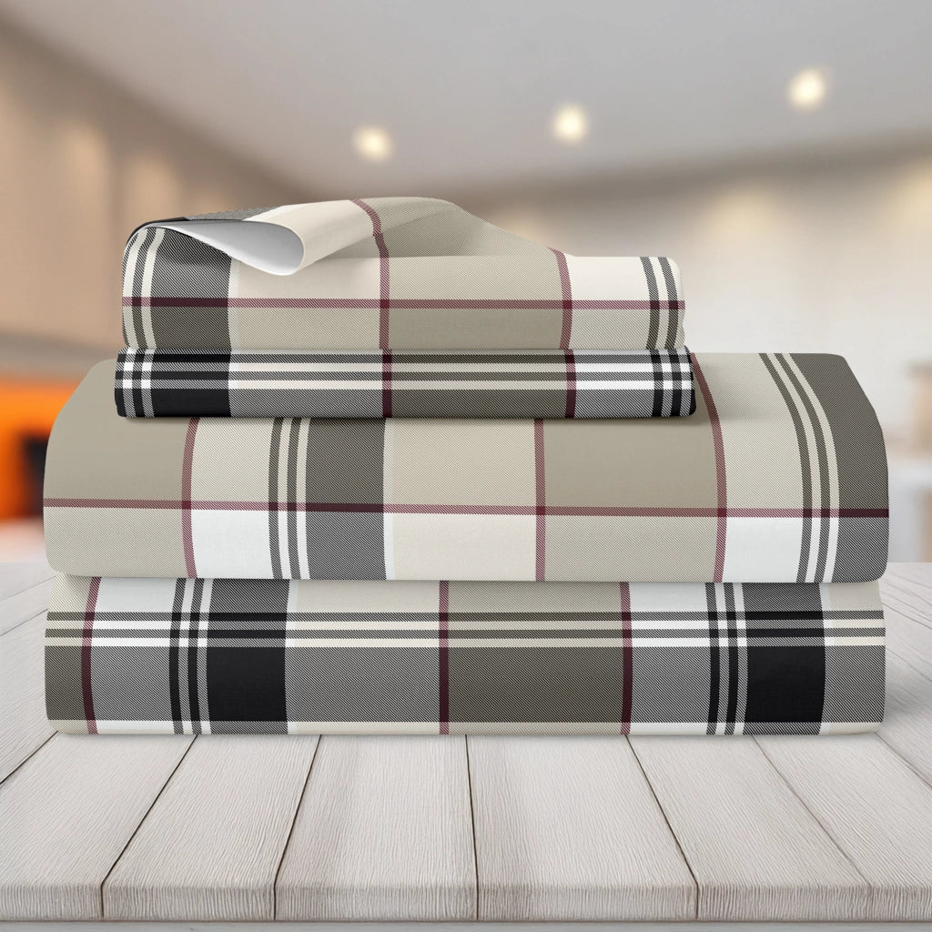 Completo Letto Matrimoniale No Stiro Set Lenzuola In Morbida Microfibra Anallergica Lenzuolo Sotto Con Angoli Elastici Fino 30 Cm, Lenzuolo Teso Sopra 2 Federe Prodotto Italiano  Tartan Tortora
