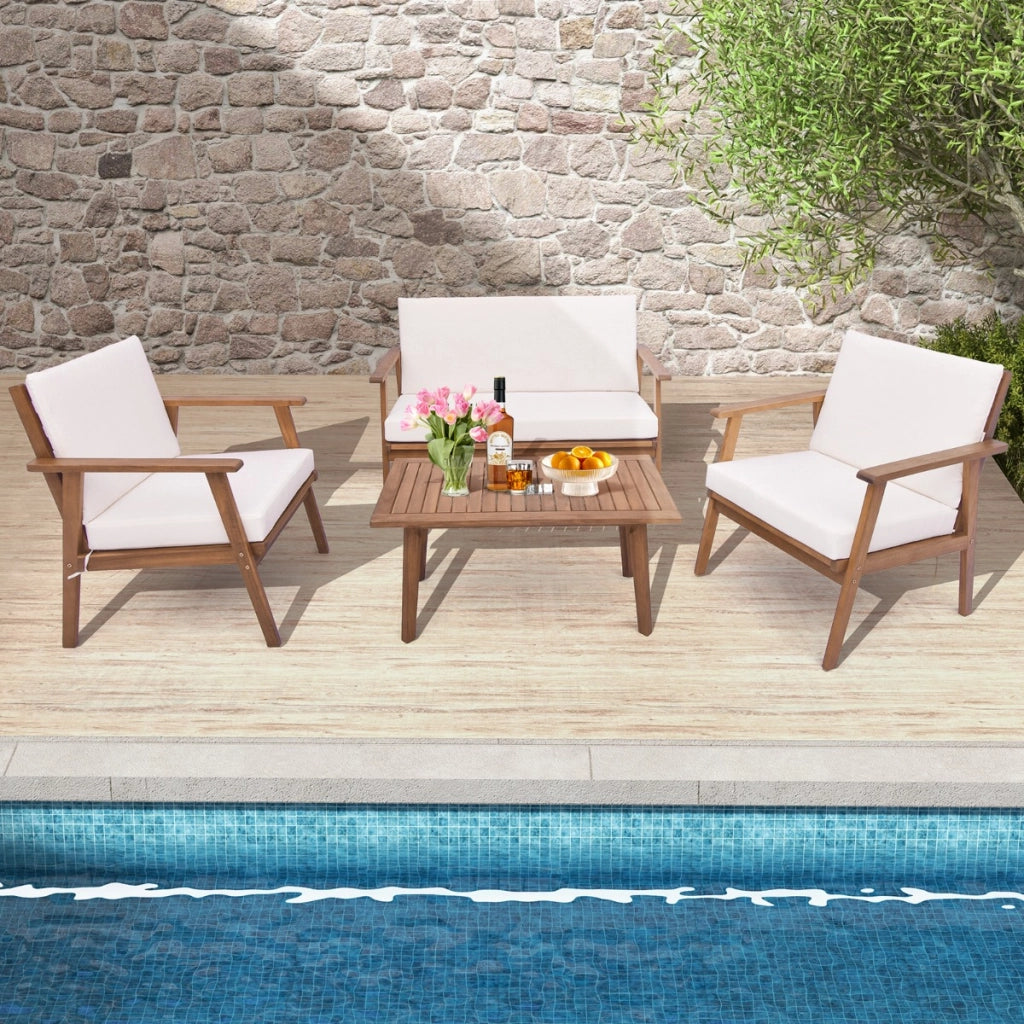 Set da divano in legno di acacia con cuscini morbidi per sedile e schienale, Set di conversazione da esterno in 4 pezzi Bianco-Set mobili da esterno