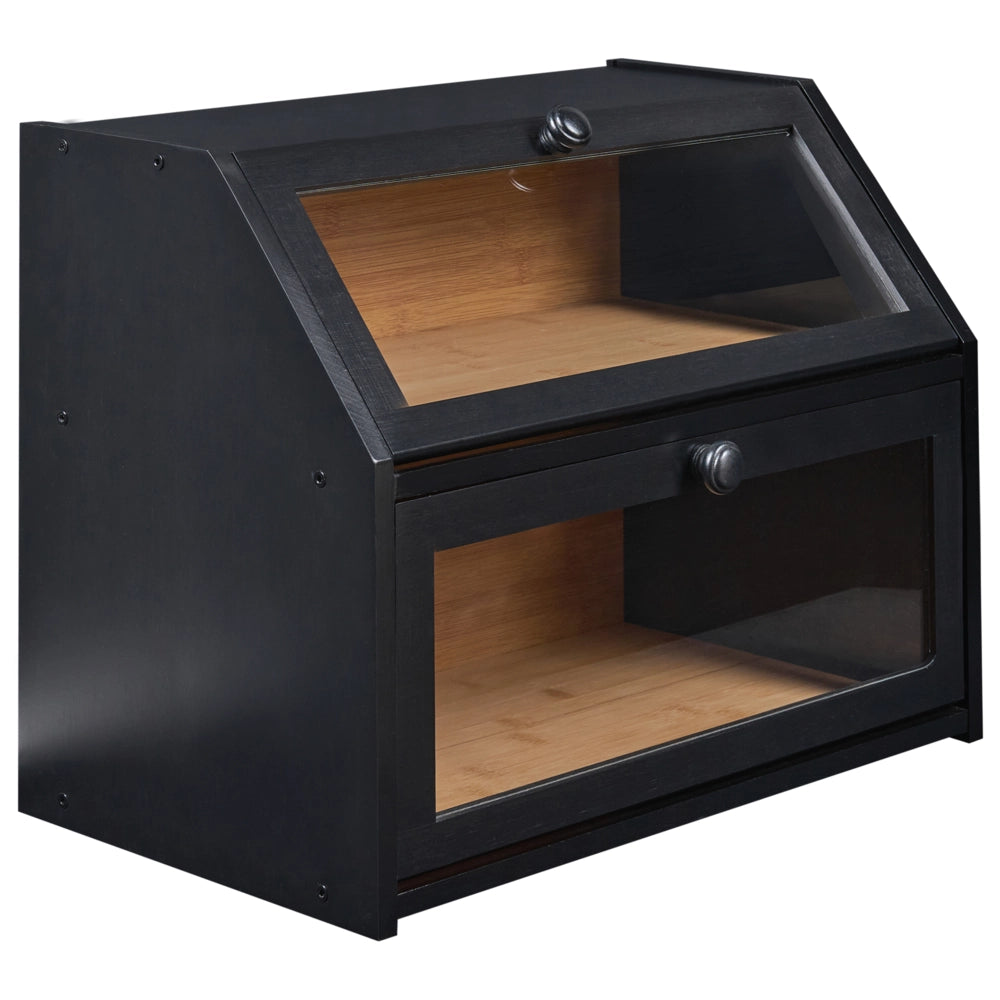 Contenitore per il pane a due ripiani scatola in bambù nero 42 x 25 x 33 cm decorativo con pannelli frontali trasparenti cucina moderna