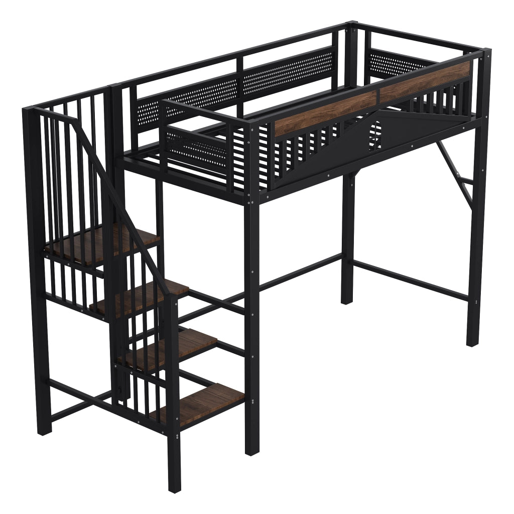 Letto a castello metallo e legno nero 90x200 cm con ringhiera