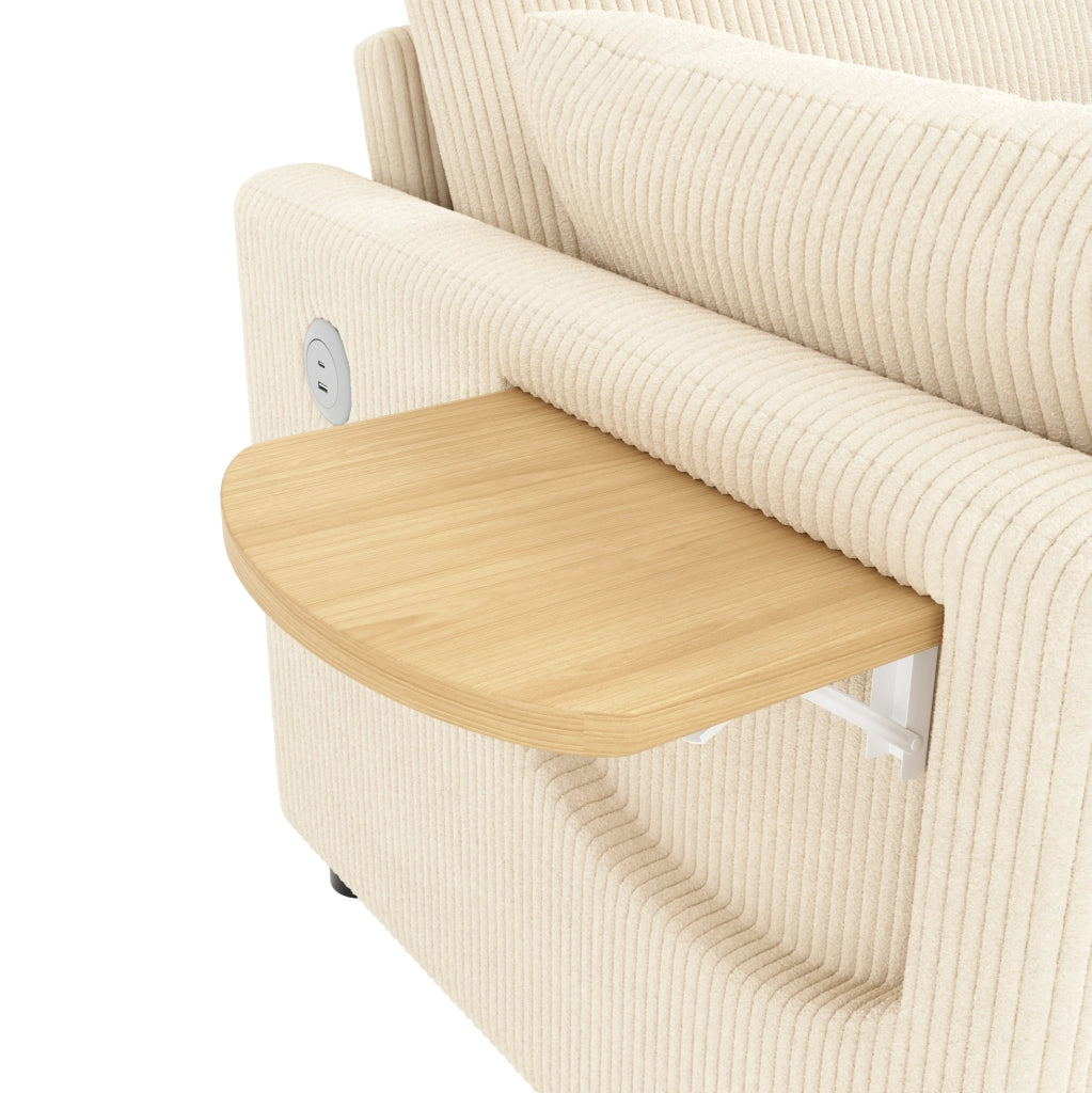 Divano letto 2 posti estraibile in corduroy beige con USB; USB-C e tavolino pieghevole