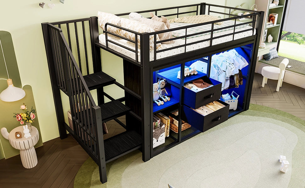 LETTO a soppalco 90x200 cm Nero con 2 cassetti, armadio aperto, LED