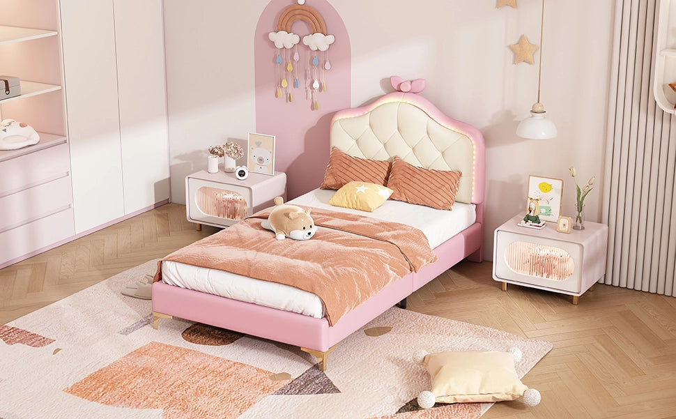 DESMIU Letto singolo 1 posto con LED multicolore e testiera ondulata, 90 × 200 cm, senza materasso, PU rosa e bianco