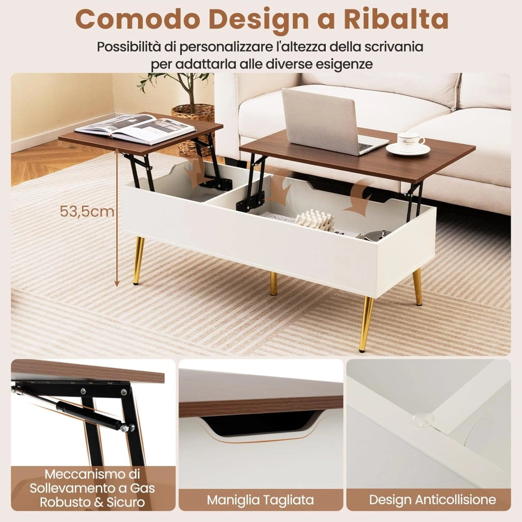 Tavolino da Caffè con Piano Sollevabile, Tavolino Moderno con 2 Scomparti Nascosti e Gambe in Metallo, Tavolo per Soggiorno, Studio e Ufficio, 111 x 48 x 40-53,5 cm (Noce)