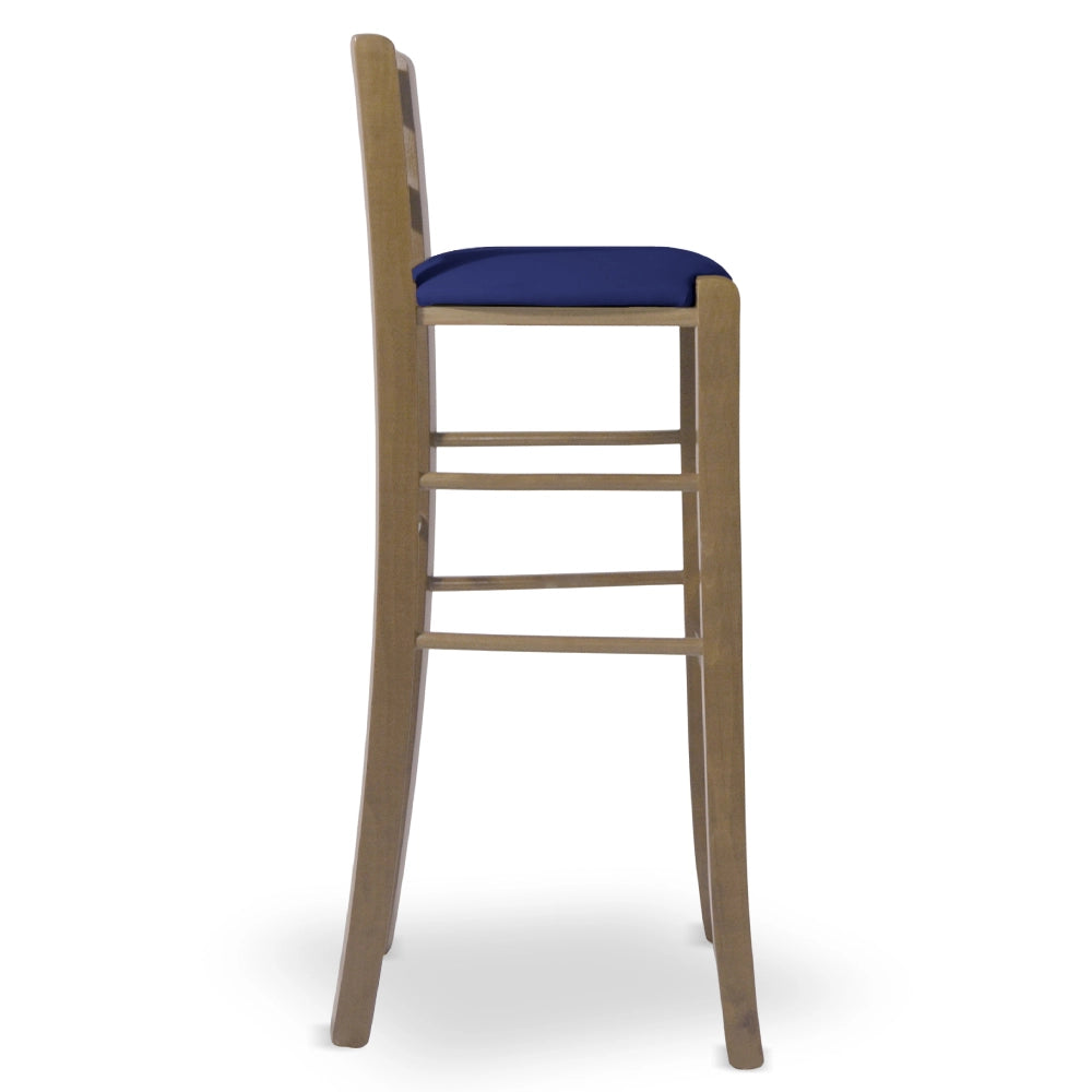 Sgabello h 80 in legno noce chiaro con manico e seduta imbottita similpelle blu