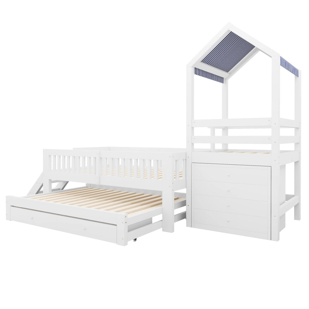 Letto per bambini a casetta con letto estraibile e cassetti bianco