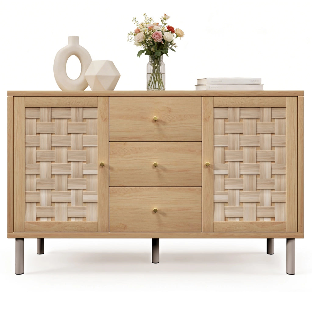 Credenza in stile country 120x40x75 cm rovere con 2 ante, 3 cassetti e ripiani regolabili