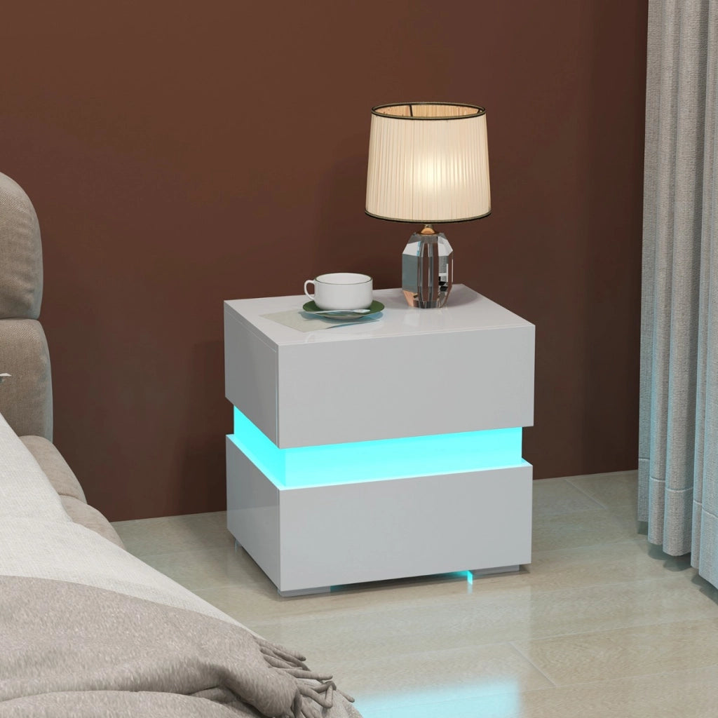 Comodino a LED con cassetti telecomando 22 modalit¨¤ di luce 10 velocit¨¤, Tavolino laterale moderno da salotto Bianco