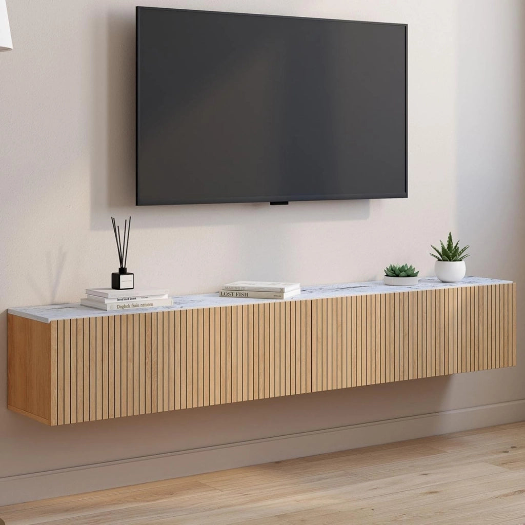 Mobile TV sospeso JULIETTE 180 cm con 2 ante, piano effetto marmo, doghe in legno color rovere