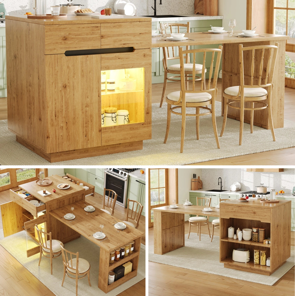 Isola cucina con tavolo estraibile, illuminazione LED controllabile via app, finitura rovere, con cassetti e spazio contenitivo