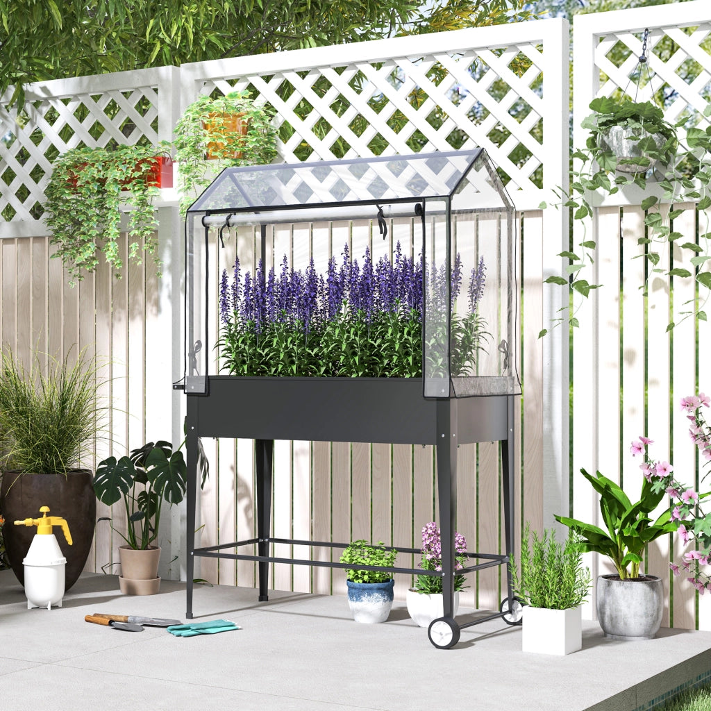 Vaso da giardino rialzato con ruote e telaio in PVC ¨C zephmum ¨C nero 100x45x152 cm