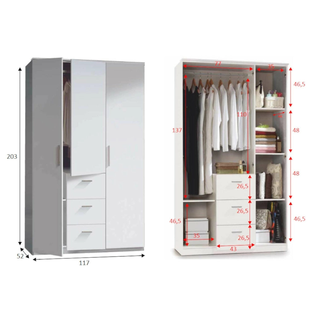 Armadio Camera da Letto Anama, Guardaroba 3 Ante 4 Ripiani, 117x52 cm Bianco